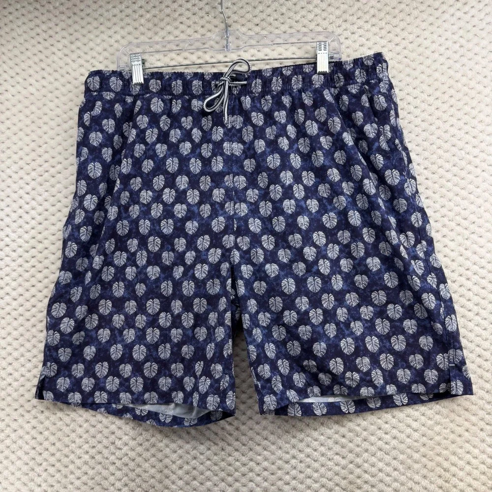 Peter Millar Swim Trunks Mens XL Navy Blue Monstera Leaf Seaside Mesh Lined 8in